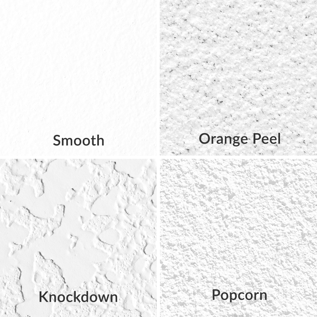 Texture comparison of smooth, orange peel, knockdown, and popcorn walls