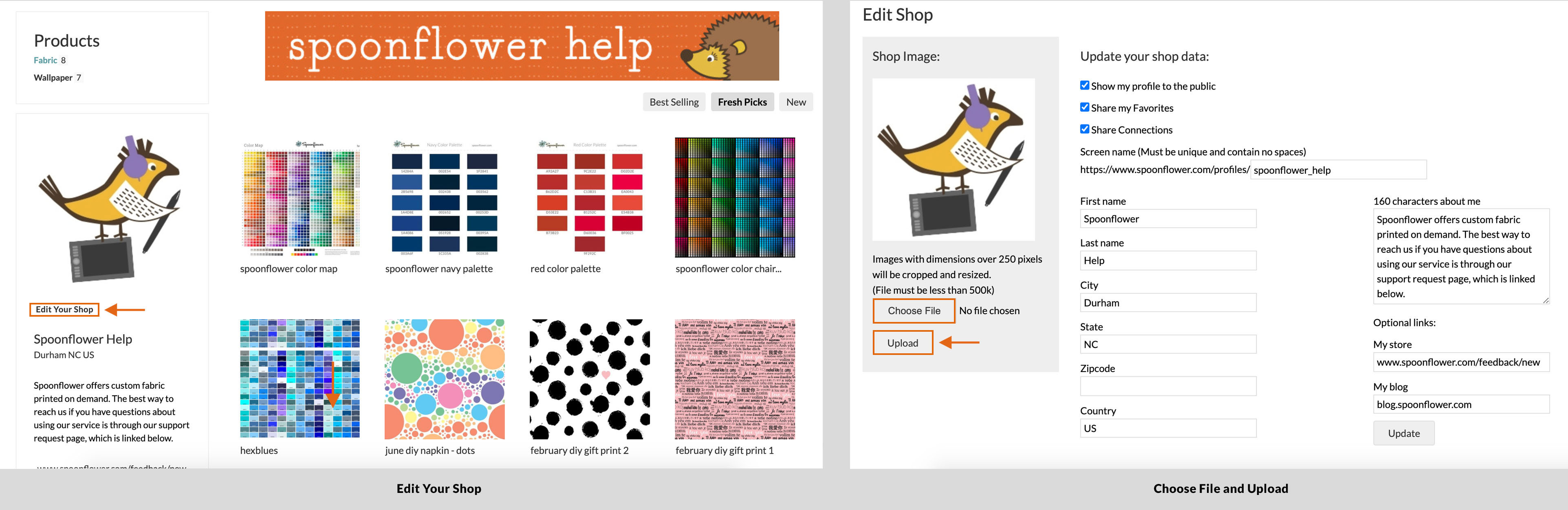 Screenshot from Spoonflower site of shop and shop settings