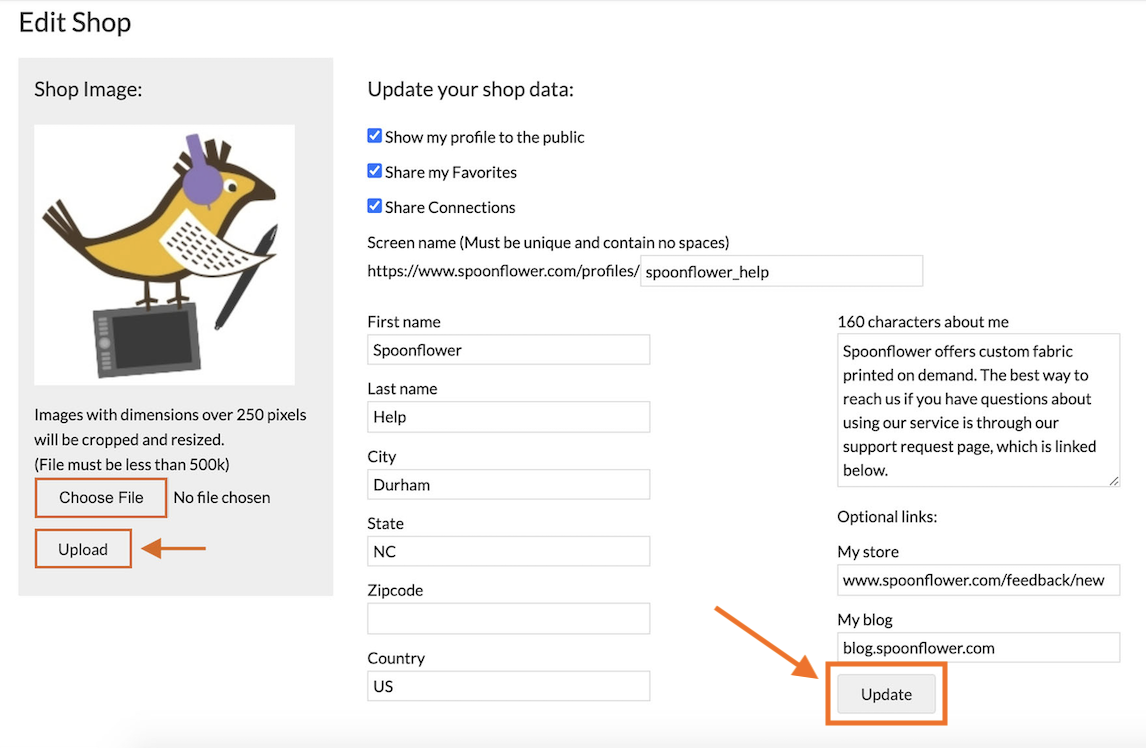 Screenshot of Edit Shop Options